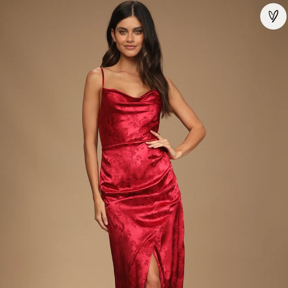 Lulus Under the Moonlight Wine Red Satin Jacquard Maxi Dress Red S NWT